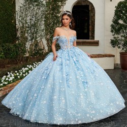 Off Shoulder Sky Blue Quince Dress Instagram Gowns Lace Appliques Wear Pageant V Neck Vestidos De 15 Anos With Bow