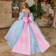 Lace Appliques Sky Blue Quinceanera Dress Detachable Sweet 15 Gowns Wear Pageant Sweetheart Neck 2024 Ball Gown Princess Dresses With Bow