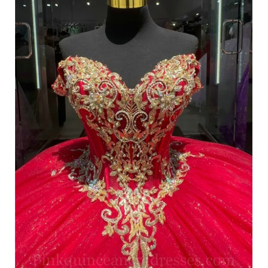 V Neck Red Quince Dress Lace Appliques Wear Pageant Off Shoulder Vestidos De 15 Anos Sequin Instagram Gowns