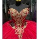 V Neck Red Quince Dress Lace Appliques Wear Pageant Off Shoulder Vestidos De 15 Anos Sequin Instagram Gowns