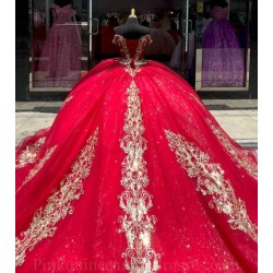 V Neck Red Quince Dress Lace Appliques Wear Pageant Off Shoulder Vestidos De 15 Anos Sequin Instagram Gowns