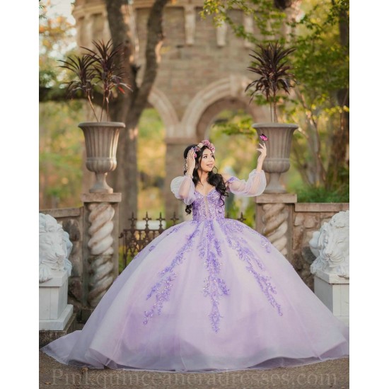 Long Sleeve Lilac Quinceanera Dress Sweet 15 Gowns Lace Appliques Wear Pageant Sweetheart Neck 2024 Ball Gown Princess Dresses