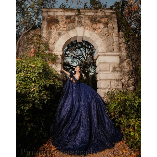 Navy Blue Quinceanera Dress Off Shoulder Sweet 15 Gowns Sequin Wear Pageant Sweetheart Neck 2024 Ball Gown Princess Dresses