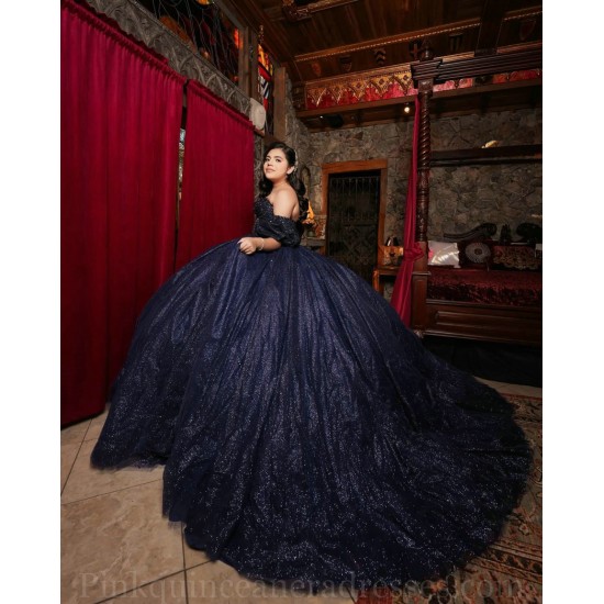 Navy Blue Quinceanera Dress Off Shoulder Sweet 15 Gowns Sequin Wear Pageant Sweetheart Neck 2024 Ball Gown Princess Dresses