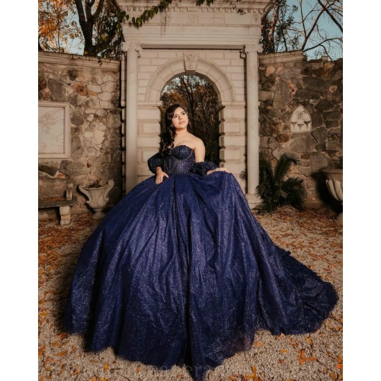 Navy Blue Quinceanera Dress Off Shoulder Sweet 15 Gowns Sequin Wear Pageant Sweetheart Neck 2024 Ball Gown Princess Dresses