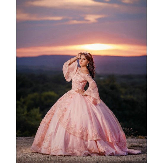 Long Sleeve Pink Quinceanera Dress Vestidos De 15 Anos Girls Sweet 16 Dresses Lace Appliques 2024 Wear Pageant