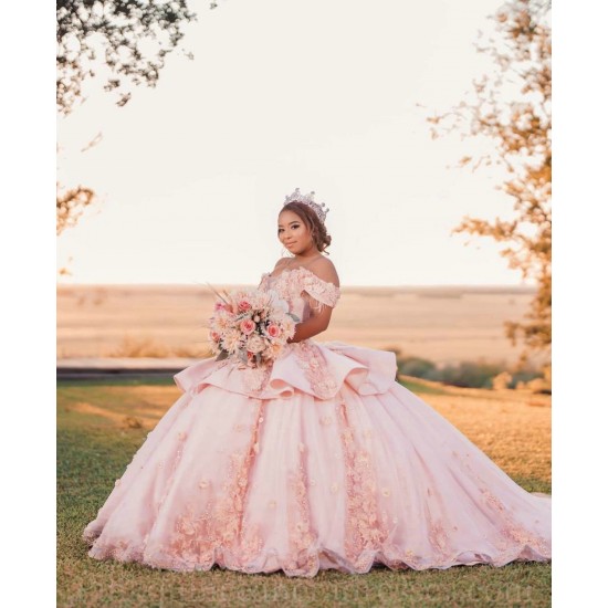 Off Shoulder Pink Quinceanera Dress Vestidos De 15 Anos V Neck Girls Sweet 16 Dresses Lace Appliques 2024 Wear Pageant