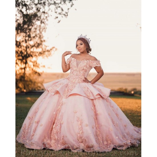 Off Shoulder Pink Quinceanera Dress Vestidos De 15 Anos V Neck Girls Sweet 16 Dresses Lace Appliques 2024 Wear Pageant