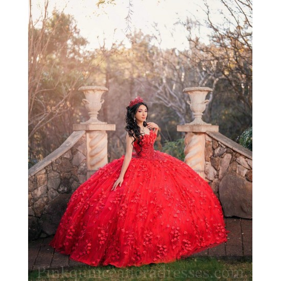 Sleeveless Red Quince Dress Wear Pageant Sweetheart Neck Sweet 15 Gowns 3D Flowers Birthday Party Dresses