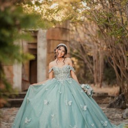 Sweetheart Neck Sage Green Quinceanera Dress Off Shoulder Sweet 15 Gowns Lace Appliques Wear Pageant 2024 Ball Gown Princess Dresses With 3D Butterfly