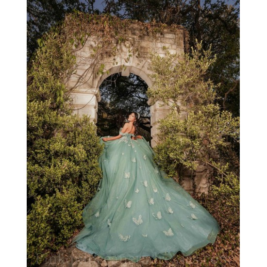 Sweetheart Neck Sage Green Quinceanera Dress Off Shoulder Sweet 15 Gowns Lace Appliques Wear Pageant 2024 Ball Gown Princess Dresses With 3D Butterfly