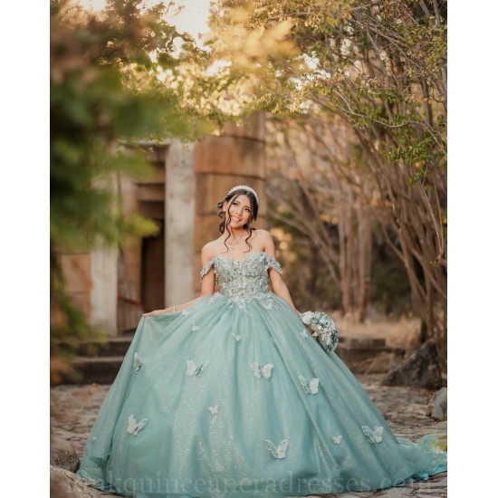 Sweetheart Neck Sage Green Quinceanera Dress Off Shoulder Sweet 15 Gowns Lace Appliques Wear Pageant 2024 Ball Gown Princess Dresses With 3D Butterfly