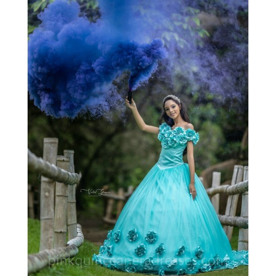 Off Shoulder Aqua Quinceanera Dress Wear Pageant 3D Flowers Vestidos De 15 Anos Sweetheart Neck Birthday Party Dresses