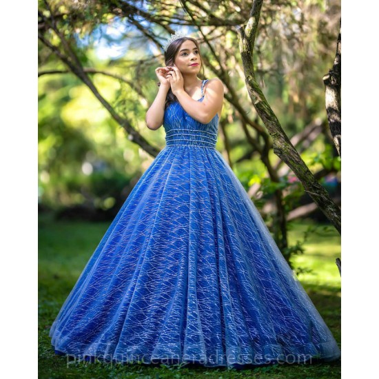 Spaghetti Strap Blue Quince Dress Sequin Girls Sweet 16 Dresses Sweetheart Vestidos De 15 Anos Sleeveless Wear Pageant