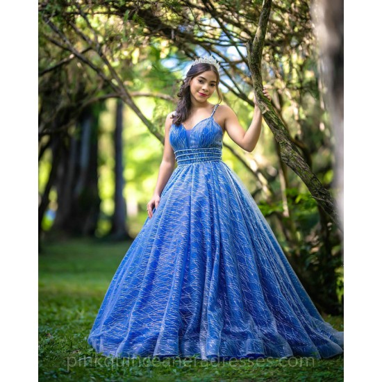 Spaghetti Strap Blue Quince Dress Sequin Girls Sweet 16 Dresses Sweetheart Vestidos De 15 Anos Sleeveless Wear Pageant