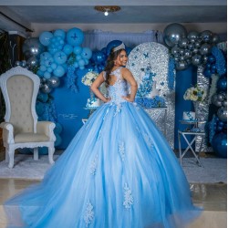 Sleeveless Blue Quinceanera Dress Wear Pageant Lace Appliques Vestidos De 15 Anos Pearl V Neck Birthday Party Dresses