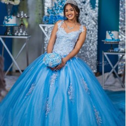 Sleeveless Blue Quinceanera Dress Wear Pageant Lace Appliques Vestidos De 15 Anos Pearl V Neck Birthday Party Dresses