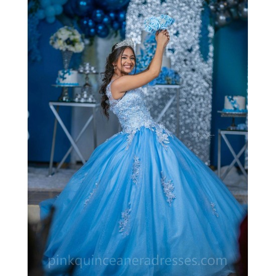 Sleeveless Blue Quinceanera Dress Wear Pageant Lace Appliques Vestidos De 15 Anos Pearl V Neck Birthday Party Dresses