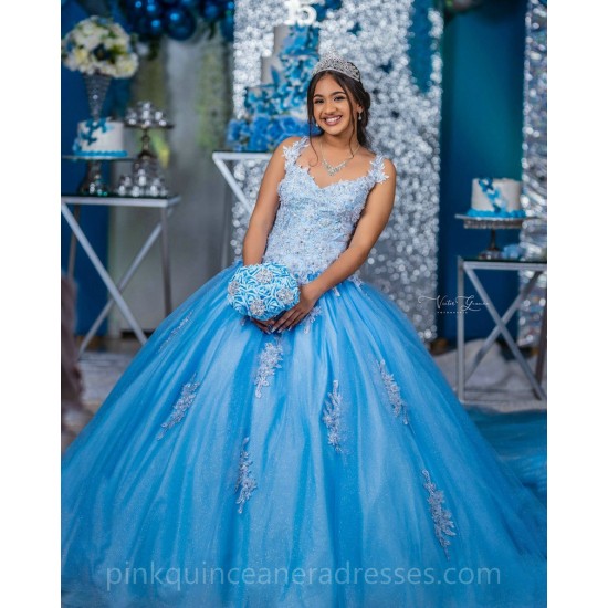 Sleeveless Blue Quinceanera Dress Wear Pageant Lace Appliques Vestidos De 15 Anos Pearl V Neck Birthday Party Dresses