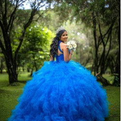 Sleeveless Blue Quinceanera Dress Wear Pageant Lace Appliques Vestidos De 15 Anos Sequin Ruffled Birthday Party Dresses