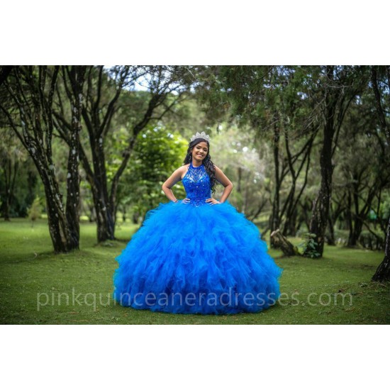 Sleeveless Blue Quinceanera Dress Wear Pageant Lace Appliques Vestidos De 15 Anos Sequin Ruffled Birthday Party Dresses