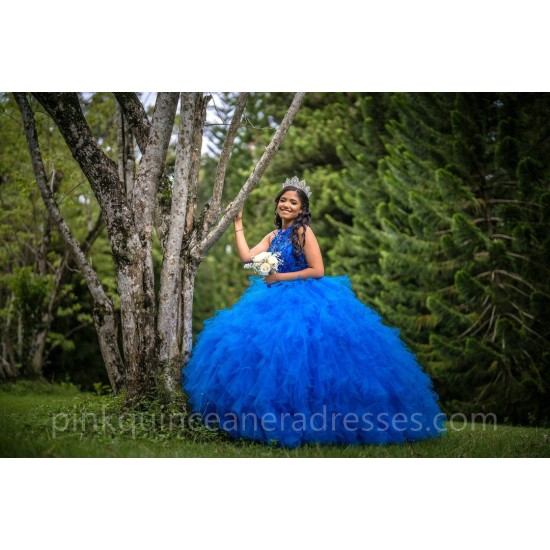 Sleeveless Blue Quinceanera Dress Wear Pageant Lace Appliques Vestidos De 15 Anos Sequin Ruffled Birthday Party Dresses