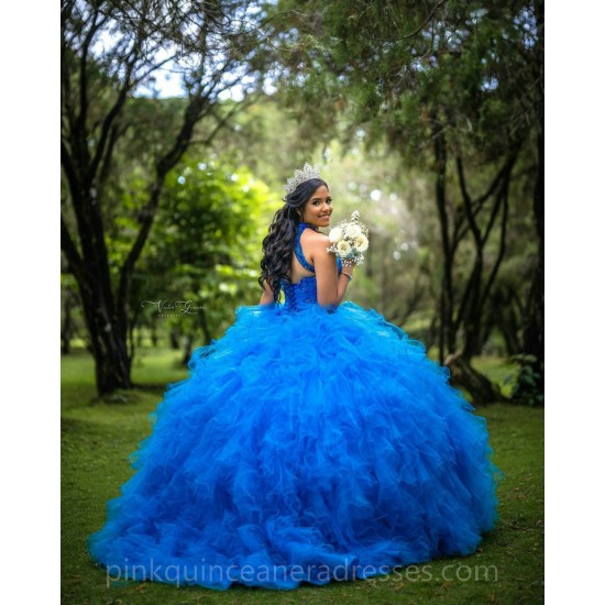 Sleeveless Blue Quinceanera Dress Wear Pageant Lace Appliques Vestidos De 15 Anos Sequin Ruffled Birthday Party Dresses