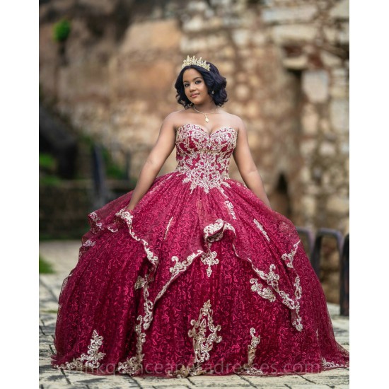 Instagram Gowns Burgundy Quinceanera Dress Gold Lace Appliques Sweetheart Neck Girls Sweet 16 Dresses Sleeveless 15 Birthday Party Robe