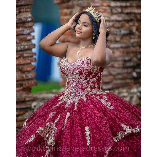 Instagram Gowns Burgundy Quinceanera Dress Gold Lace Appliques Sweetheart Neck Girls Sweet 16 Dresses Sleeveless 15 Birthday Party Robe