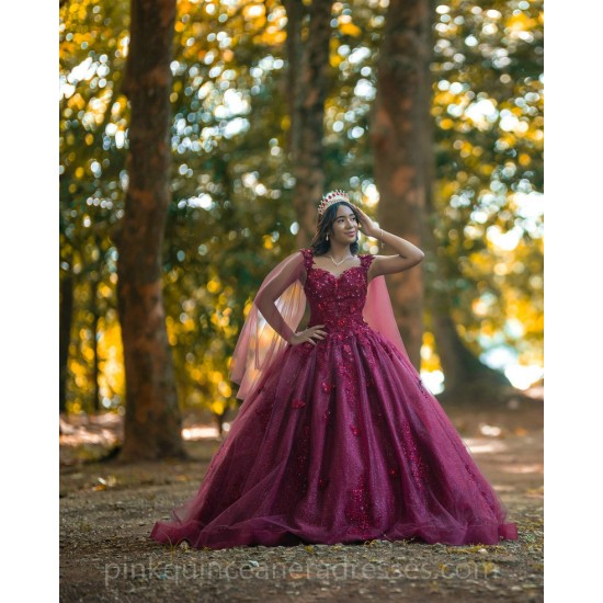 Burgundy Quinceanera Dress Sleeveless Sweet 15 Gowns Cape Sleeve 2024 Ball Gown Princess Dresses Sweetheart Neck Lace Appliques Birthday Party Robe