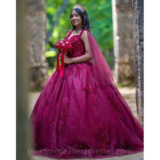 Burgundy Quinceanera Dress Sleeveless Sweet 15 Gowns Cape Sleeve 2024 Ball Gown Princess Dresses Sweetheart Neck Lace Appliques Birthday Party Robe