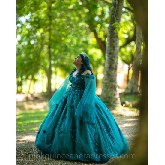 Emerald Green Cape Sleeve Quinceanera Dress Sweetheart Neck Girls Sweet 16 Dresses Vestidos De 15 Anos Lace Appliques Wear Pageant