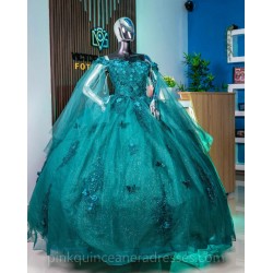 Cape Sleeve Emerald Green Quince Dress Vestidos De 15 Anos 3D Flowers Wear Pageant Sweetheart Neck Girls Sweet 16 Dresses