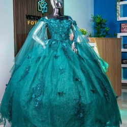 Cape Sleeve Emerald Green Quince Dress Vestidos De 15 Anos 3D Flowers Wear Pageant Sweetheart Neck Girls Sweet 16 Dresses