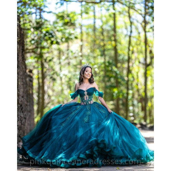 Sheer Bodice Emerald Green Quinceanera Dress Lace Appliques Off Shoulder Vestidos De 15 Anos Wear Pageant Sweetheart Neck Girls Sweet 16 Dresses