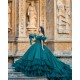 Ruffled Emerald Green Quince Dress Puff Sleeve Vestidos De 15 Anos Lace Appliques Wear Pageant V Neck Girls Sweet 16 Dresses