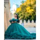 Ruffled Emerald Green Quince Dress Puff Sleeve Vestidos De 15 Anos Lace Appliques Wear Pageant V Neck Girls Sweet 16 Dresses