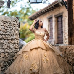 Gold Quinceanera Dress 3D Flowers Sequin Vestidos De 15 Anos Wear Pageant Sweetheart Neck Girls Sweet 16 Dresses