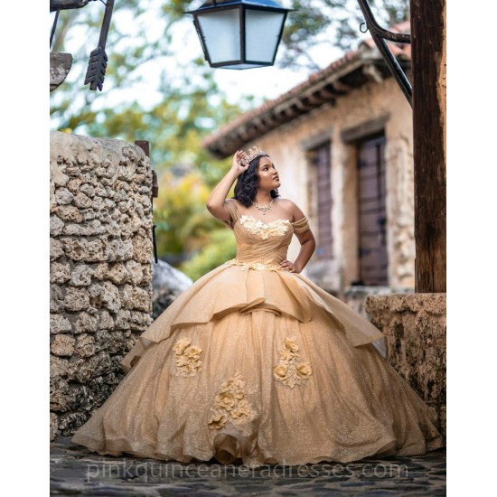 Gold Quinceanera Dress 3D Flowers Sequin Vestidos De 15 Anos Wear Pageant Sweetheart Neck Girls Sweet 16 Dresses