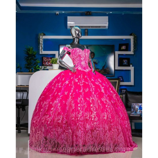 Hot Pink Quince Dress Off Shoulder Vestidos De 15 Anos Sequin Lace Appliques Wear Pageant Sweetheart Neck Girls Sweet 16 Dresses