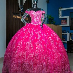 Hot Pink Quince Dress Off Shoulder Vestidos De 15 Anos Sequin Lace Appliques Wear Pageant Sweetheart Neck Girls Sweet 16 Dresses