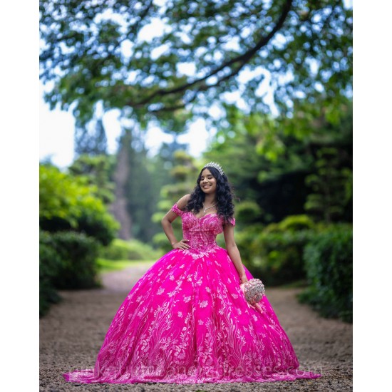 Off Shoulder Hot Pink Quinceanera Dress 2024 Princess Dresses Sweetheart Neck Lace Appliques Birthday Party Robe