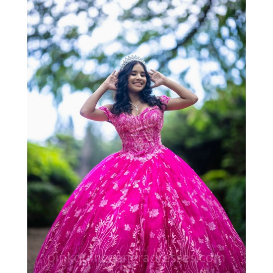 Off Shoulder Hot Pink Quinceanera Dress 2024 Princess Dresses Sweetheart Neck Lace Appliques Birthday Party Robe