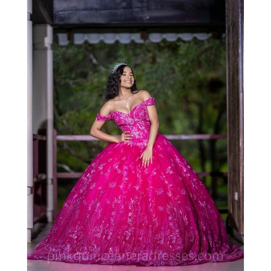 Off Shoulder Hot Pink Quinceanera Dress 2024 Princess Dresses Sweetheart Neck Lace Appliques Birthday Party Robe