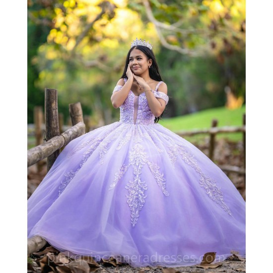 Off Shoulder Lilac Quince Dress Vestidos De 15 Anos Lace Appliques Wear Pageant Sweetheart Neck Girls Sweet 16 Dresses