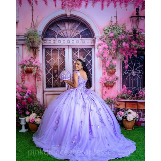 Instagram Gowns Lilac Quinceanera Dress 3D Flowers Sweetheart Neck Girls Sweet 16 Dresses Off Shoulder 15 Birthday Party Robe