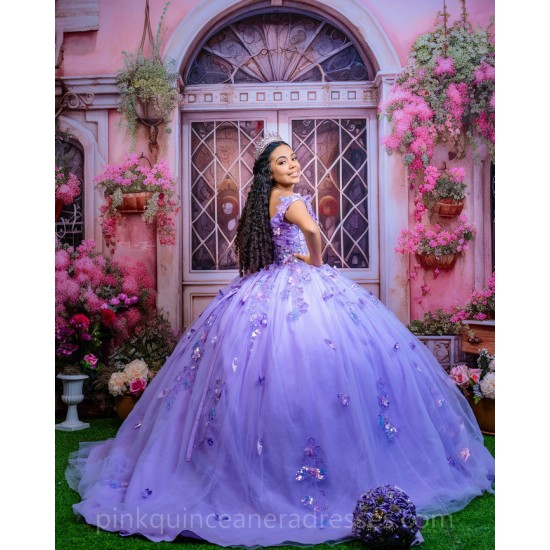 Instagram Gowns Lilac Quinceanera Dress 3D Flowers Sweetheart Neck Girls Sweet 16 Dresses Off Shoulder 15 Birthday Party Robe