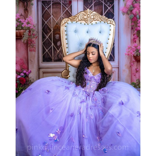 Instagram Gowns Lilac Quinceanera Dress 3D Flowers Sweetheart Neck Girls Sweet 16 Dresses Off Shoulder 15 Birthday Party Robe