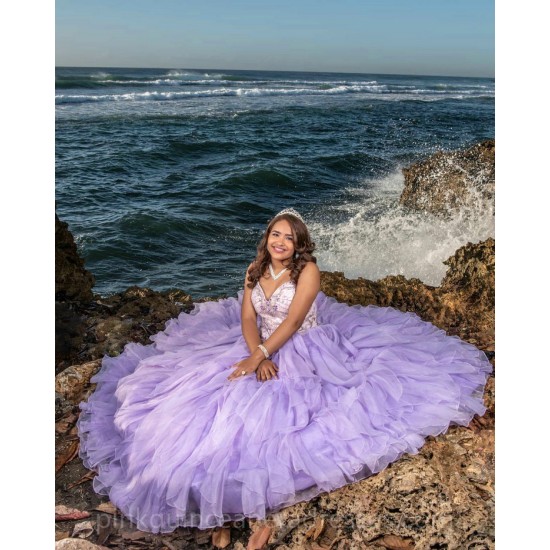 V Neck Lilac Ruffled Quinceanera Dress Lace Appliques Vestidos De 15 Anos Instagram Sleeveless Wear Pageant