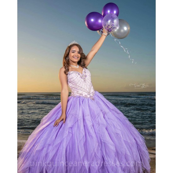 V Neck Lilac Ruffled Quinceanera Dress Lace Appliques Vestidos De 15 Anos Instagram Sleeveless Wear Pageant